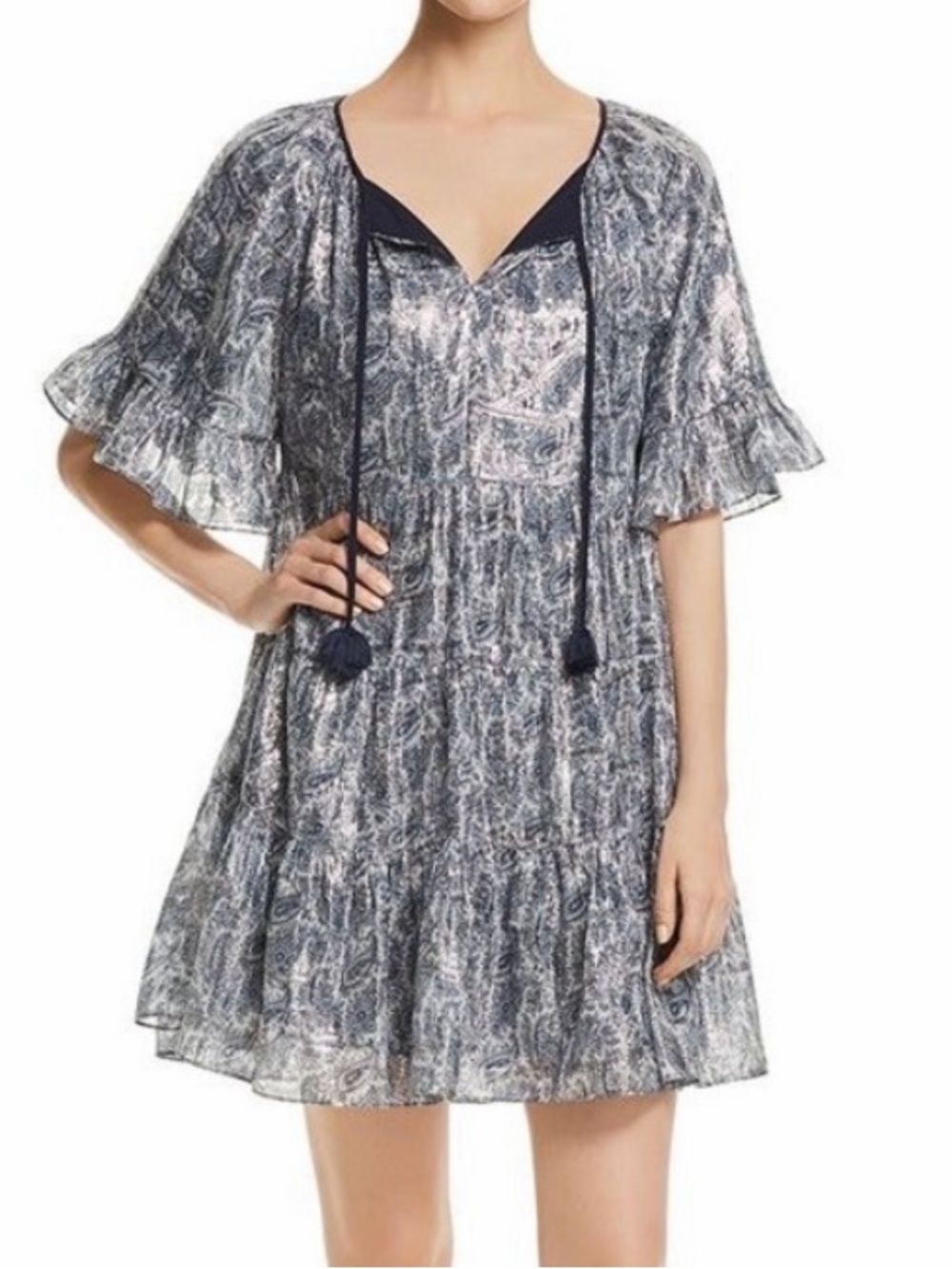 Kobi Halperin Silver Metallic Ruffle-Sleeve Swing Dress